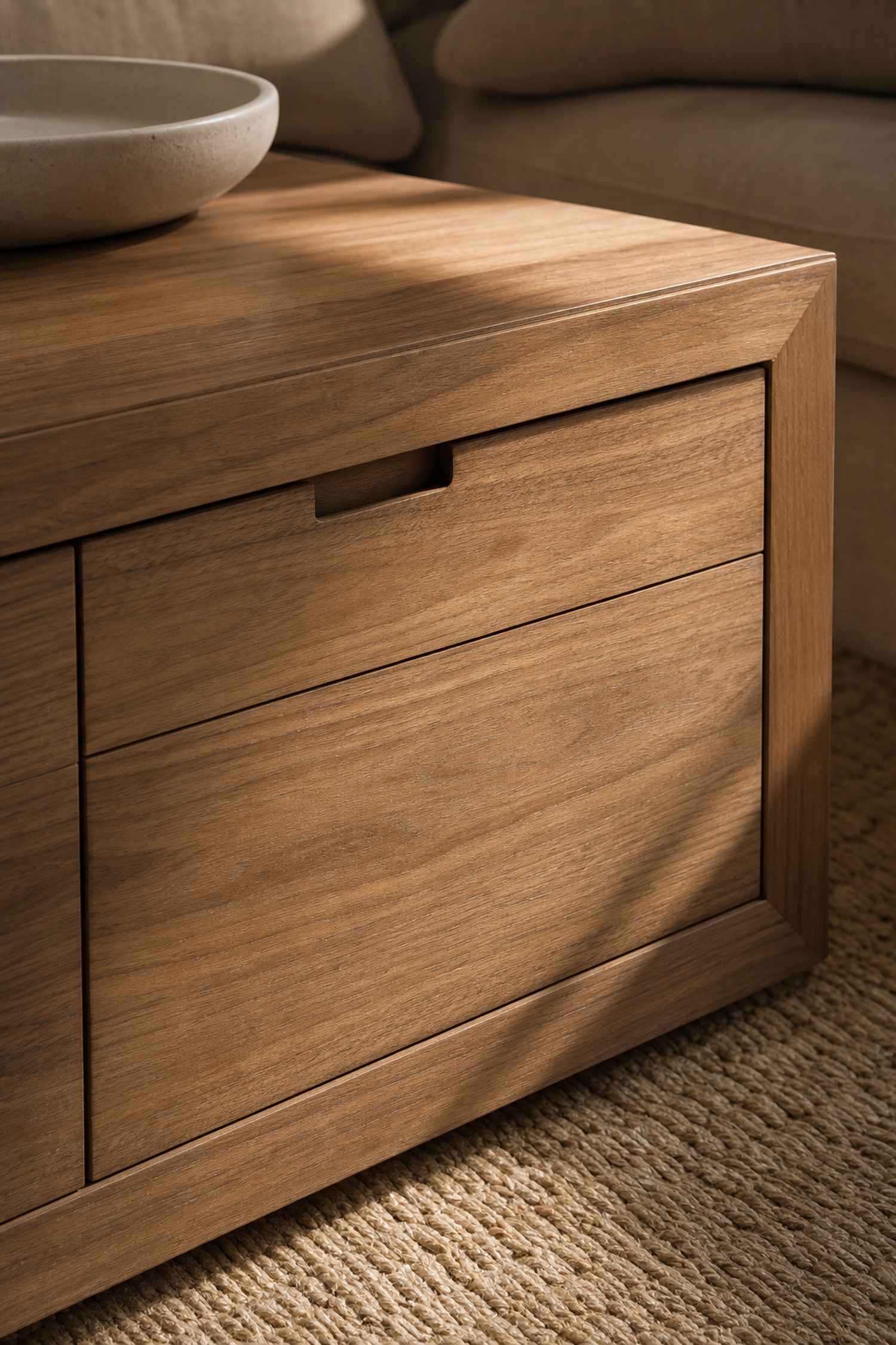 Conceptual close view of a wood storage table with restrained drawer seams and recessed pull