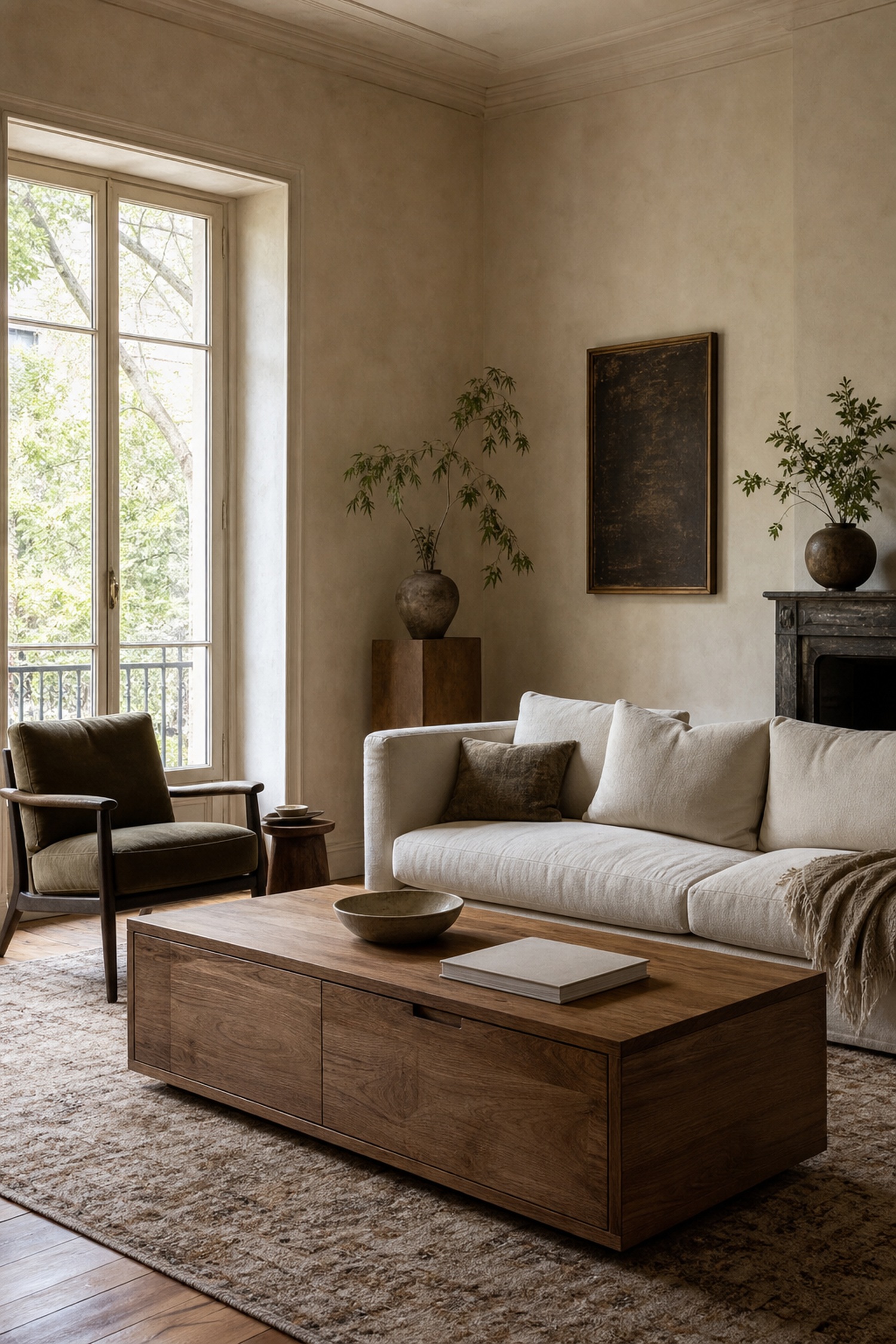 Conceptual Sonnetta editorial living room with a low wood storage coffee table; not a purchasable product