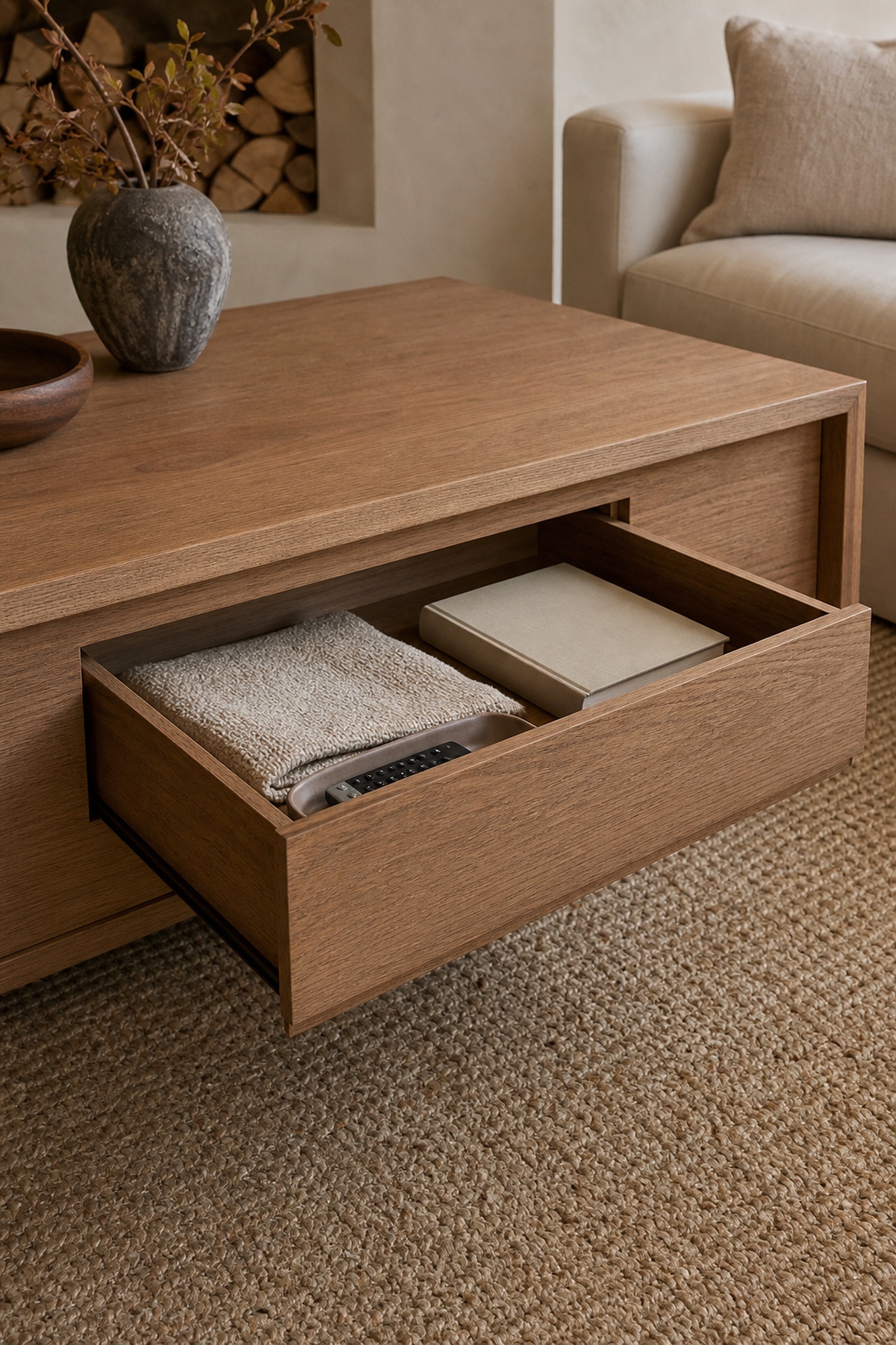 Conceptual wood coffee table with one rectangular storage drawer open to folded textile, book, and remote