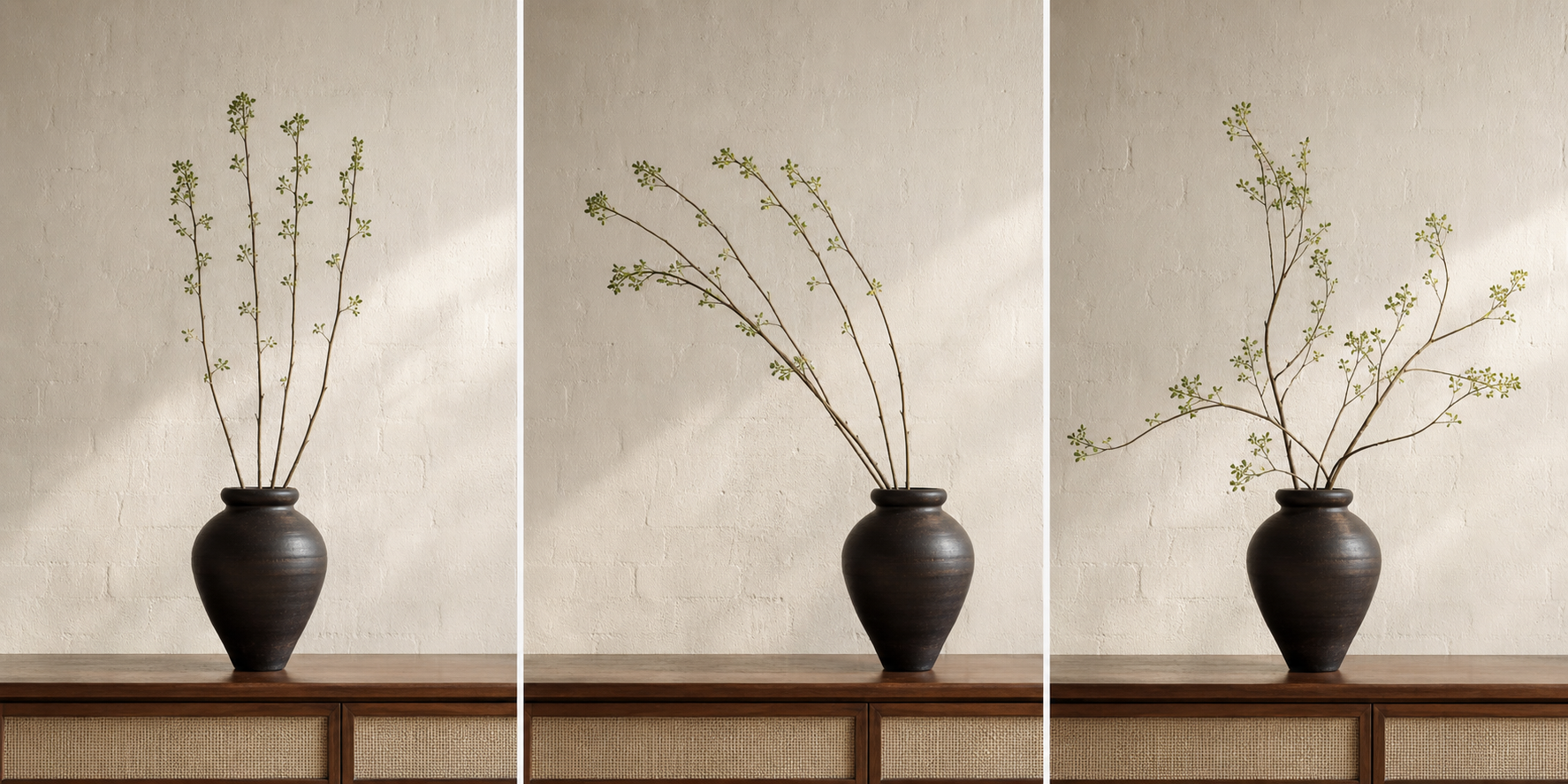 Three arrangements of identical branches showing rigid vertical placement, one-way movement, and controlled asymmetry