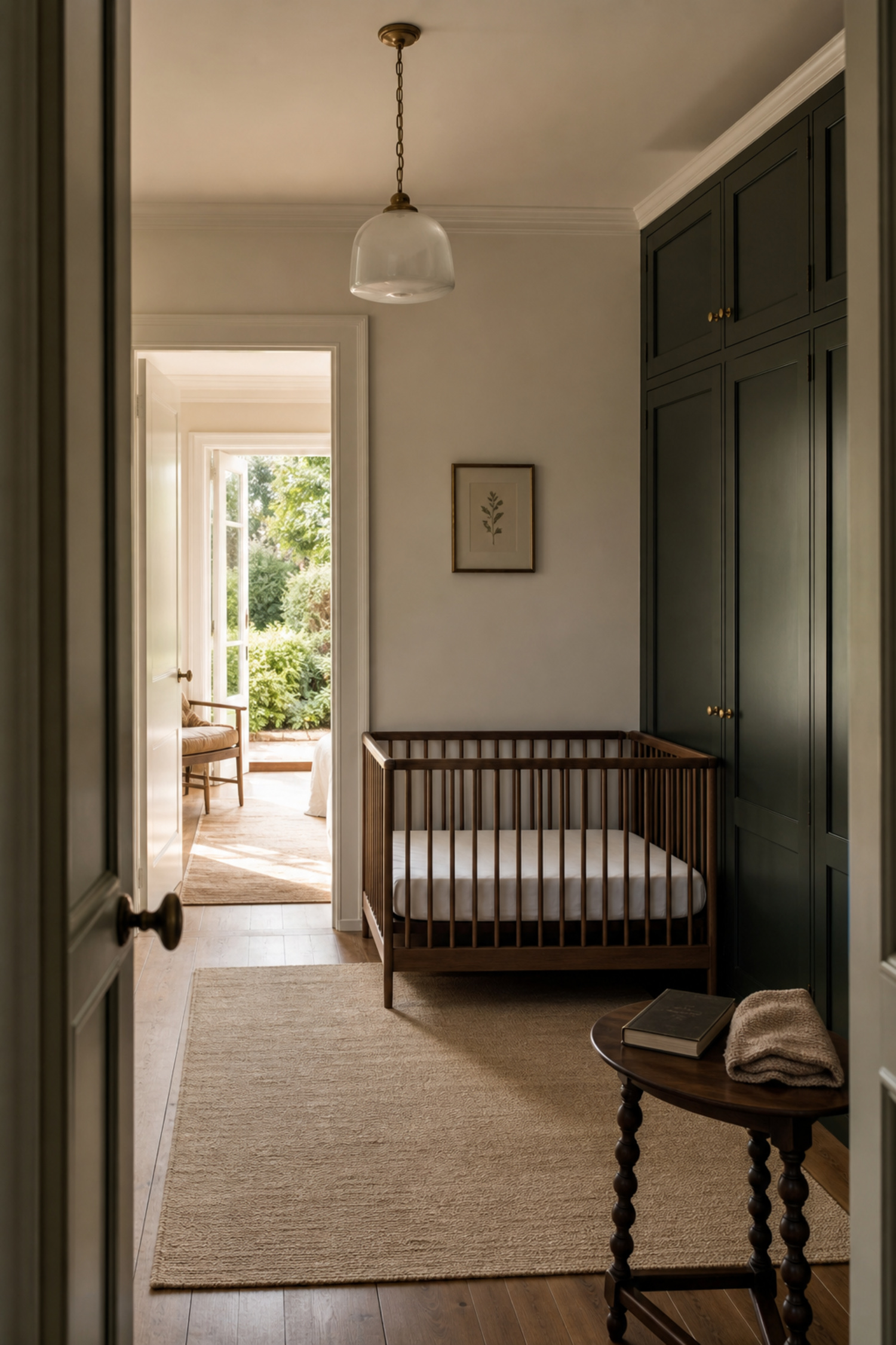 Conceptual cream nursery viewed through a doorway, with dark built-in storage, a bare crib, and a garden-lit room beyond
