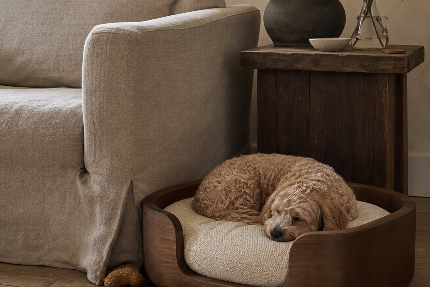 Conceptual Sonnetta living room with an original curved wood pet bed and a small sleeping dog; no purchasable product or real home is shown