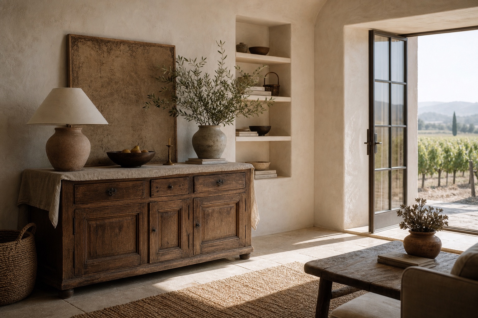 Antique oak sideboard with linen runner, ceramic lamp, fruit, olive branches, woven basket, and open French doors to vines