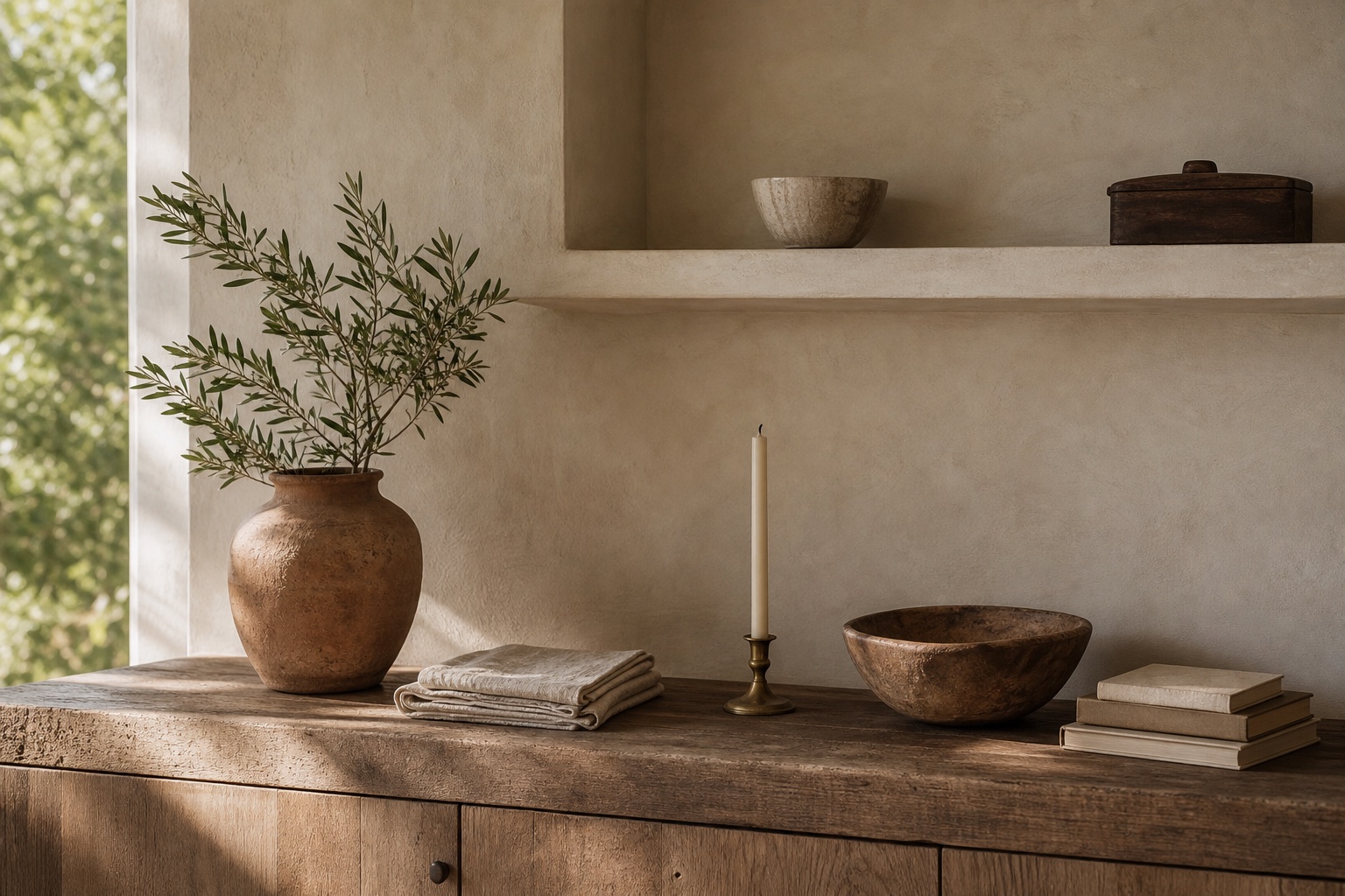 Built-in plaster shelf with terracotta vessel, linen, brass candleholder, wood bowl, books, and olive branch