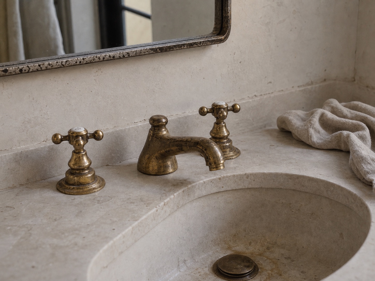 Conceptual bathroom detail with stone, aged brass, plaster, and linen