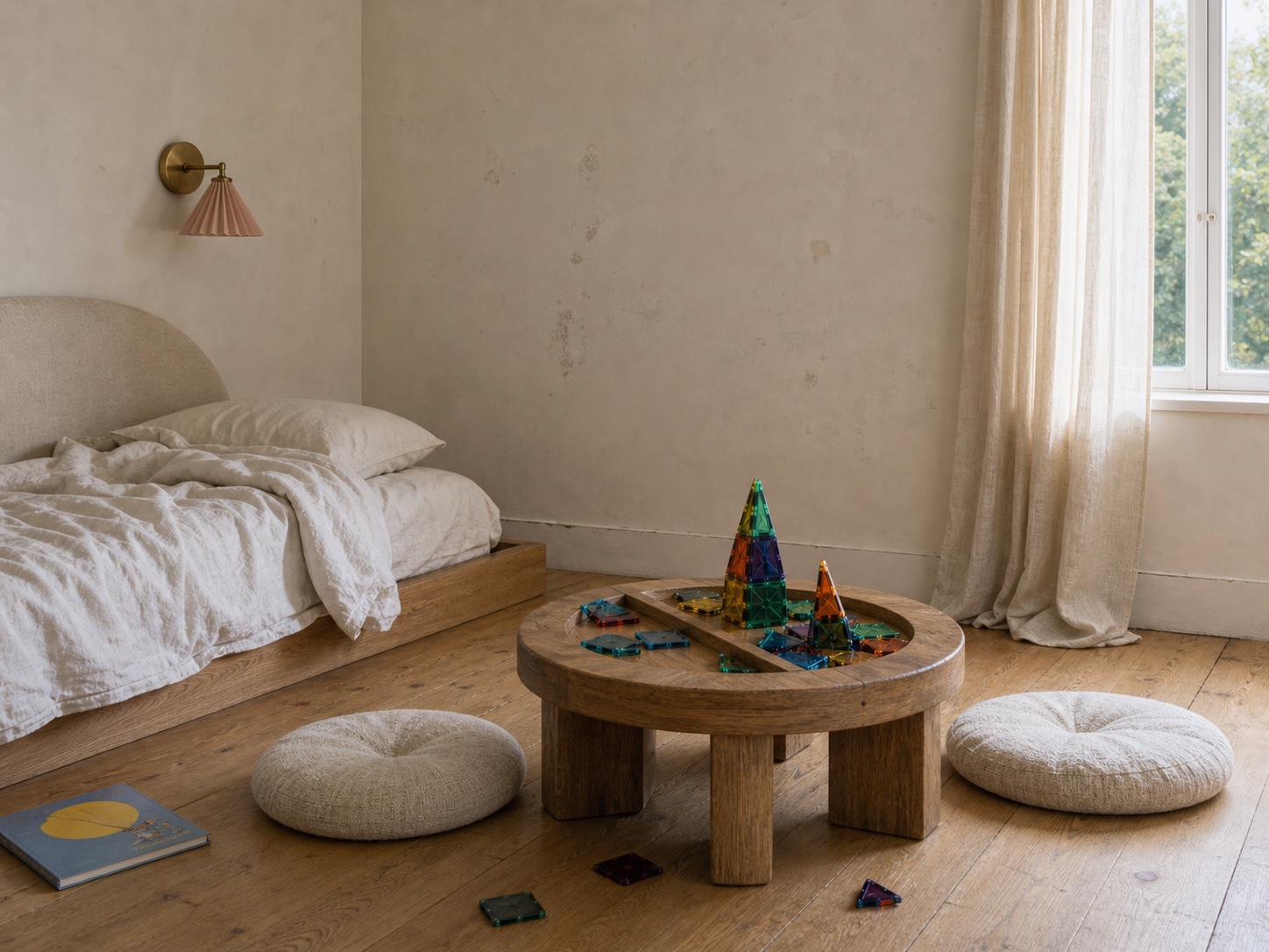 Conceptual Sonnetta child’s room with an oak play table, linen floor cushions, a blush pleated sconce, and magnetic building pieces; not a photographed product or real home