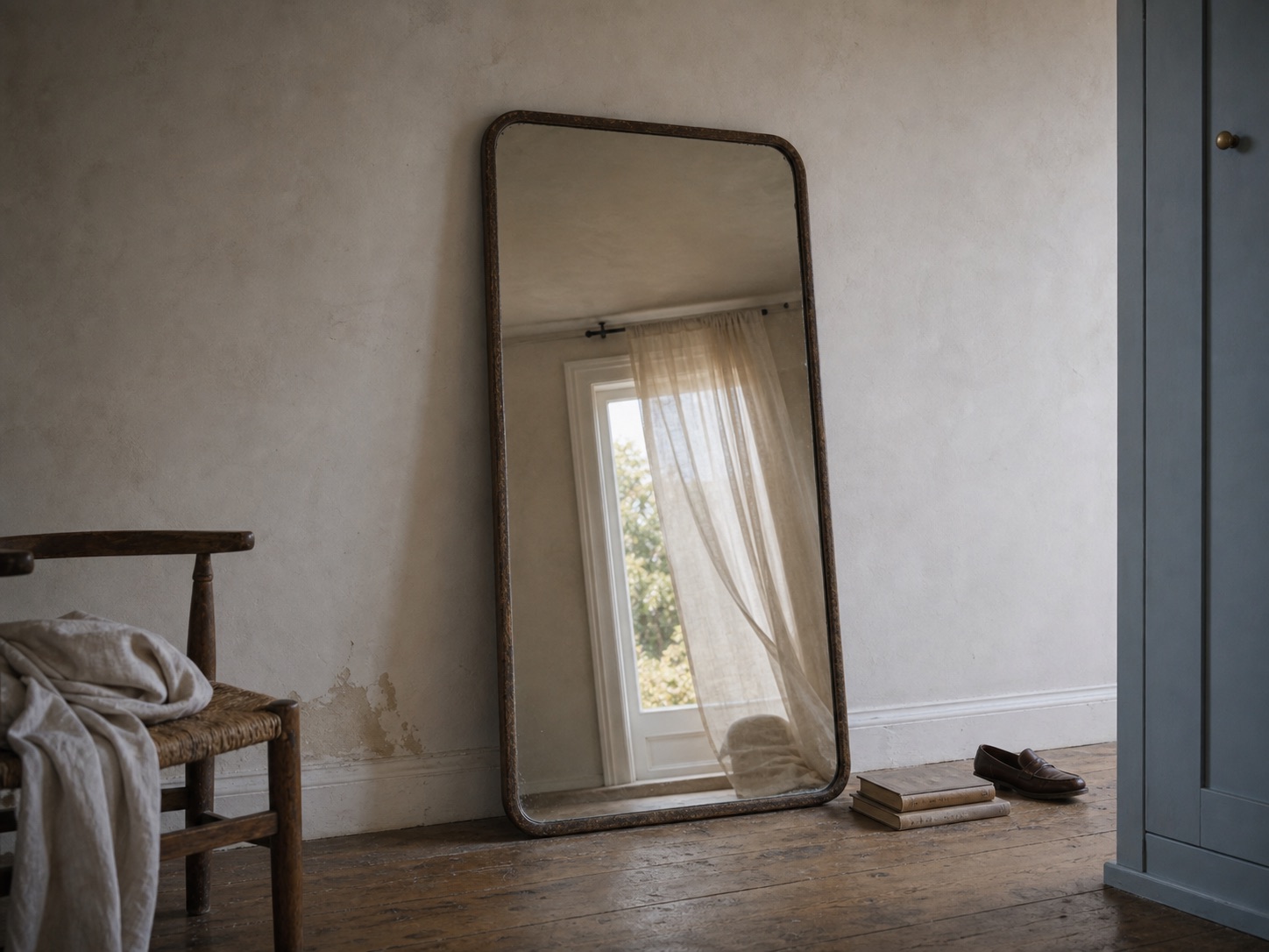 Oversized leaning wall mirror in an imperfect plaster room with scuffed floors, an uneven stack of books, and ordinary morning light