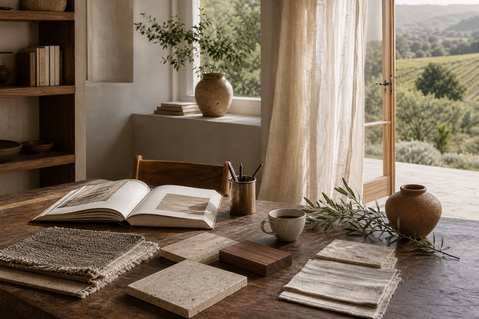 Open book with limestone, walnut, linen, wool, terracotta, brass, coffee, and vineyard light