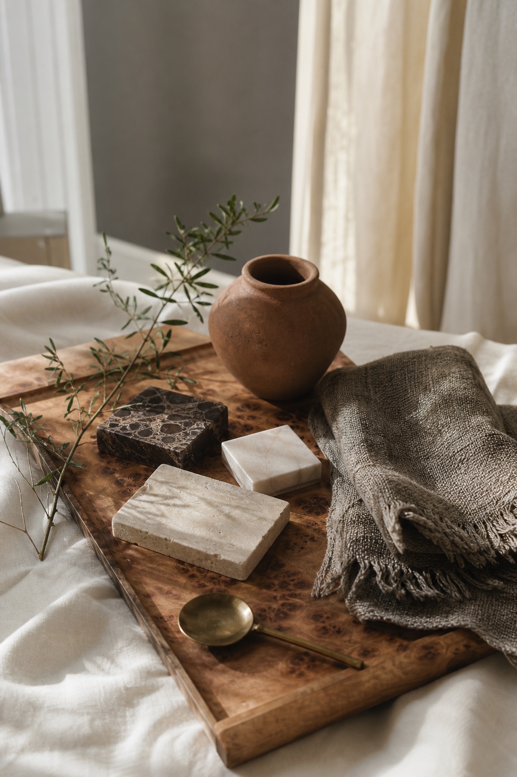Burl tray with terracotta vessel, stone samples, linen, wool, greenery, and aged brass