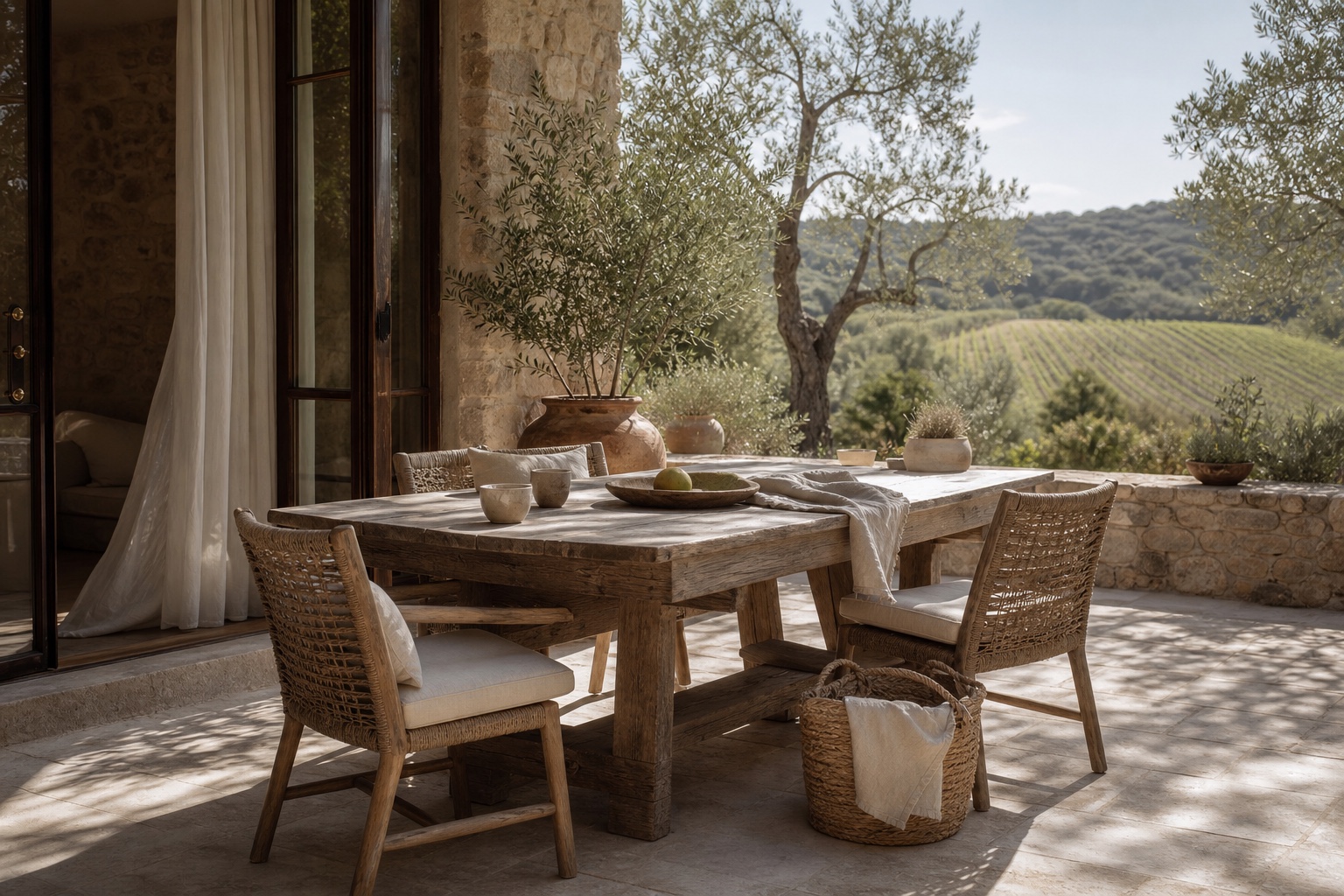Quiet outdoor terrace with stone, warm greenery, woven seating, and soft daylight