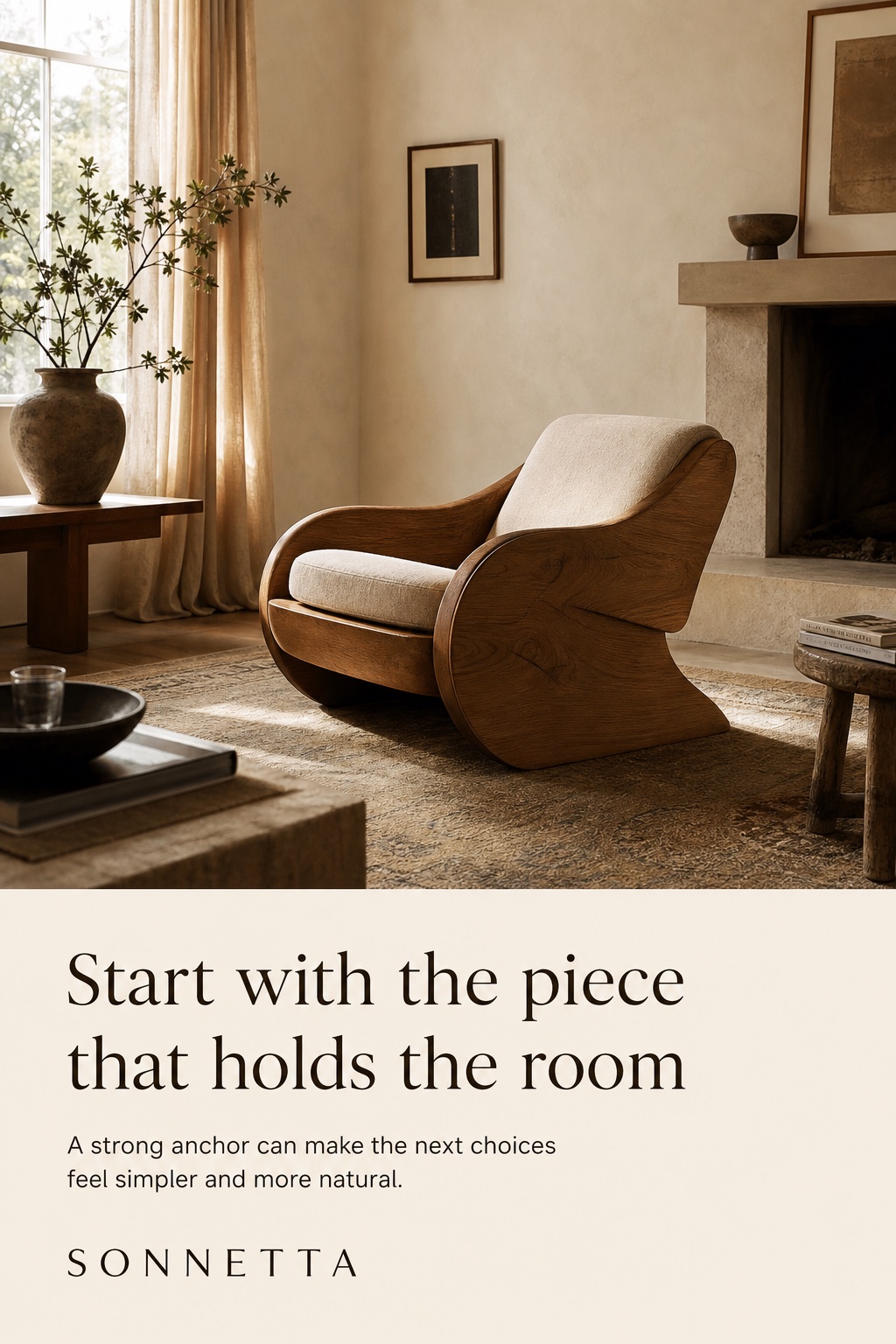Conceptual Sonnetta editorial study of a grounded wood cabinet in a softly lit plaster room