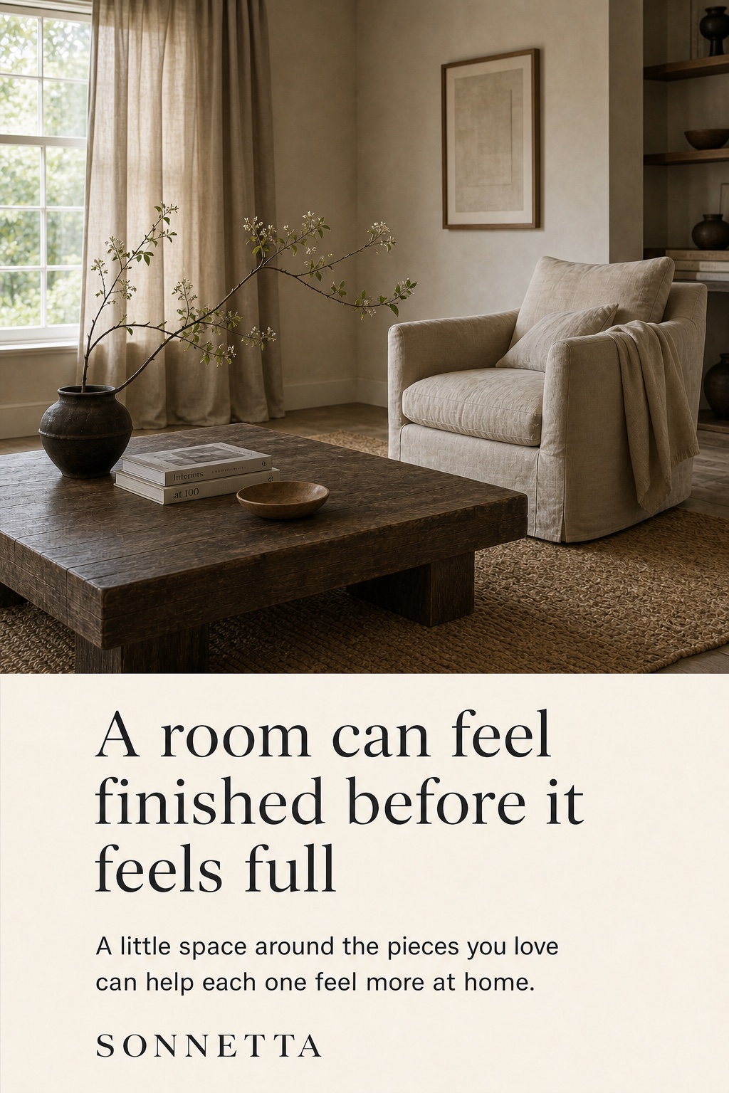 Conceptual Sonnetta editorial room study with linen seating, an aged wood table, warm plaster, and daylight