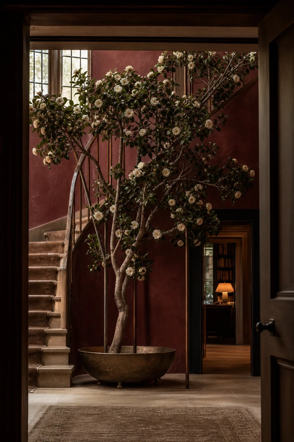 Conceptual AI-modified shell-pink stair hall transformed by monumental ivory artificial blossom branches in a dark vessel