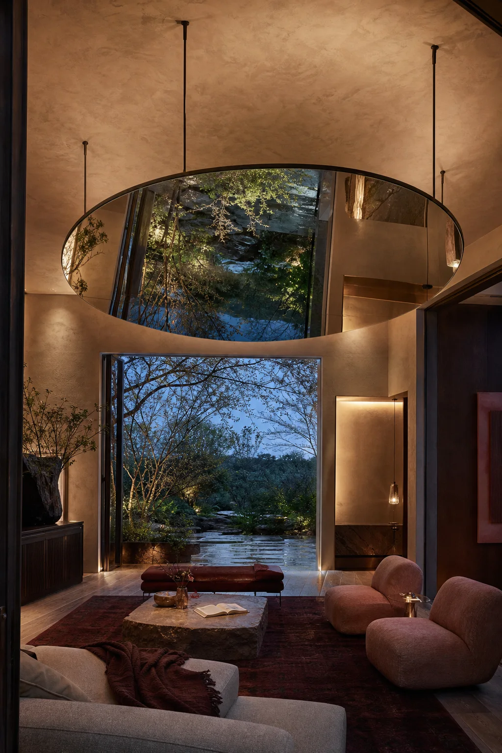 Conceptual AI-modified Sonnetta salon with an enormous oval mirror suspended beneath the ceiling and reflecting a garden