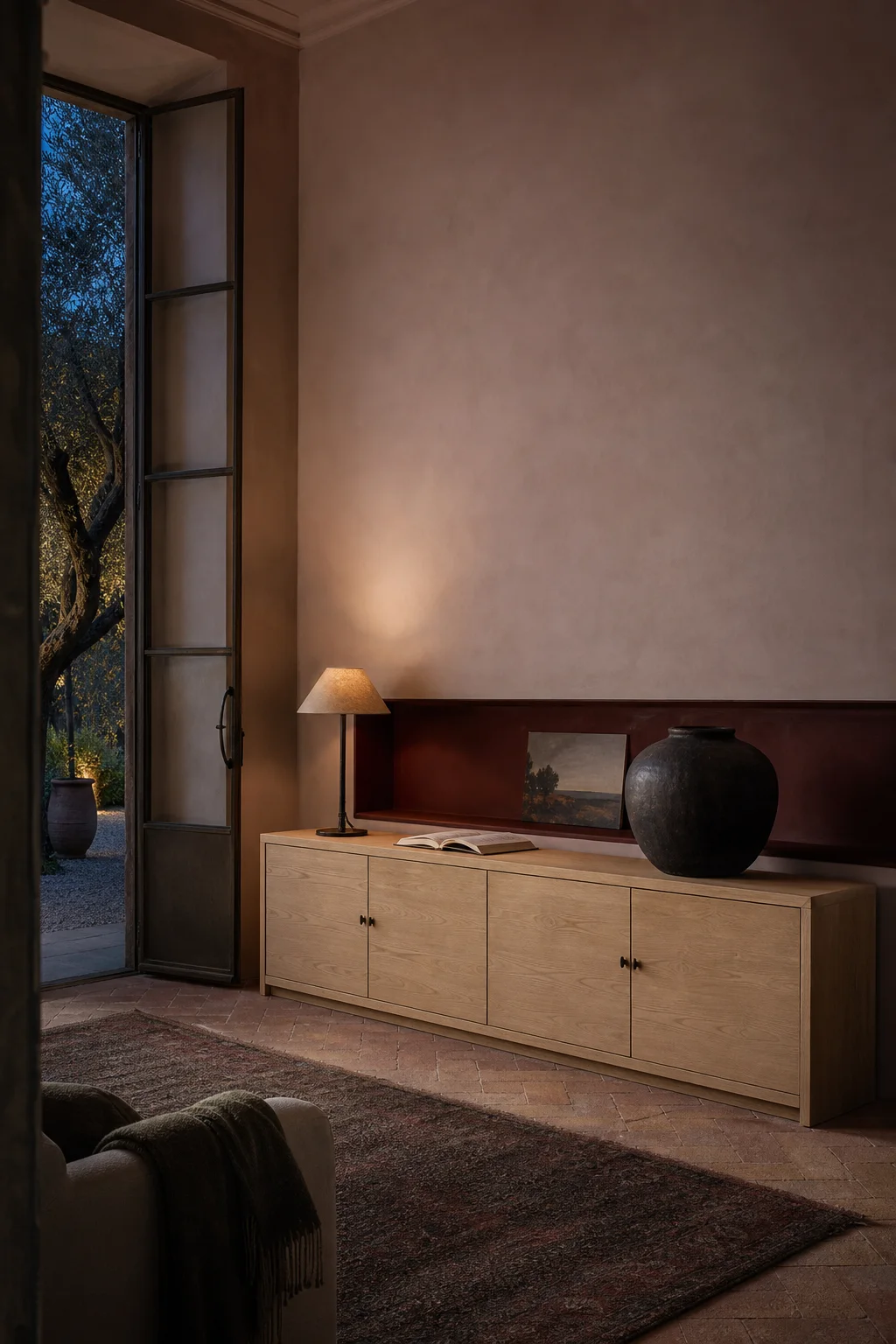 Conceptual AI-modified oxblood and chalk-pink salon with a long pale-oak sideboard and an open garden doorway