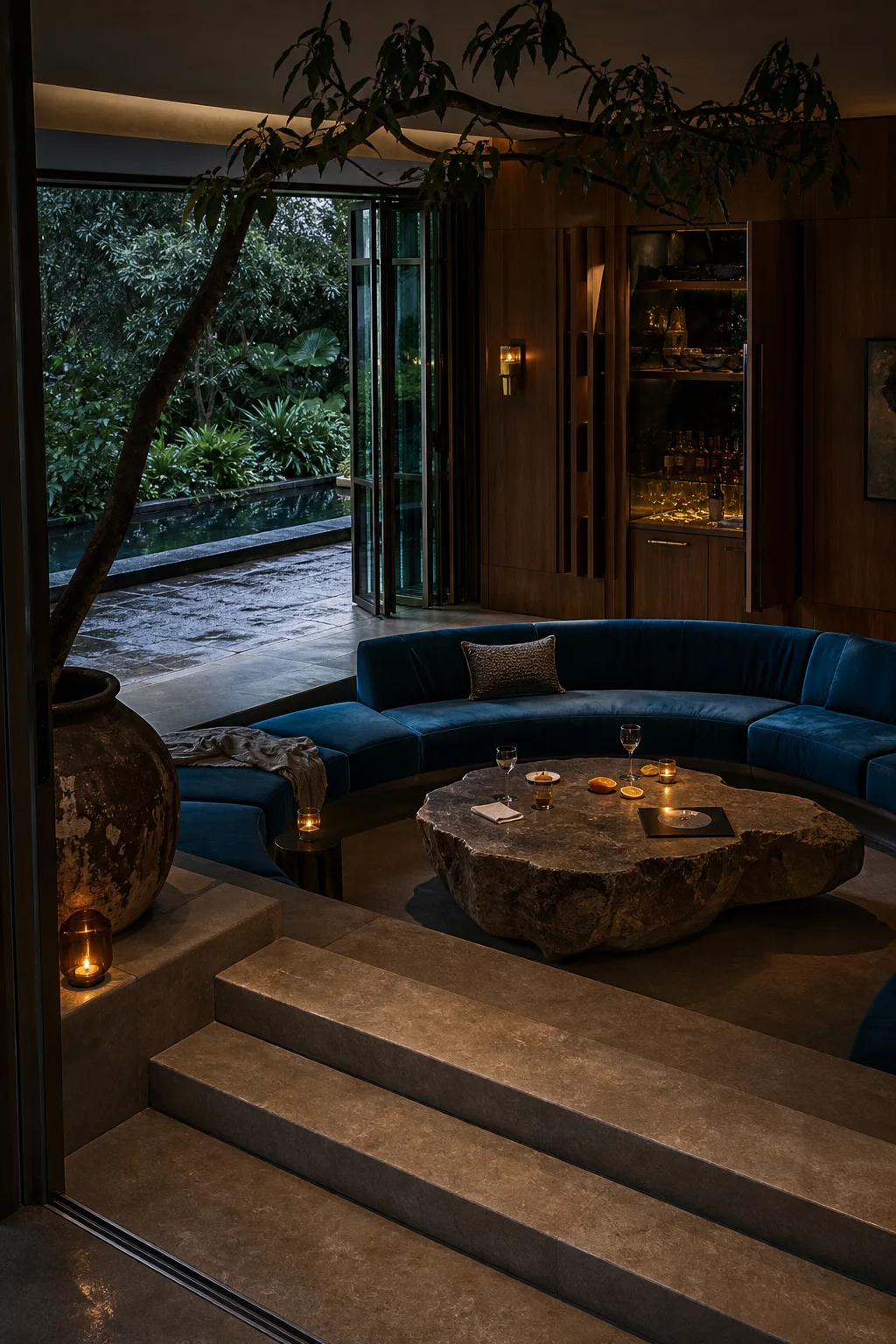Conceptual AI-modified Sonnetta interior with a blue sunken conversation room opening toward a dark garden
