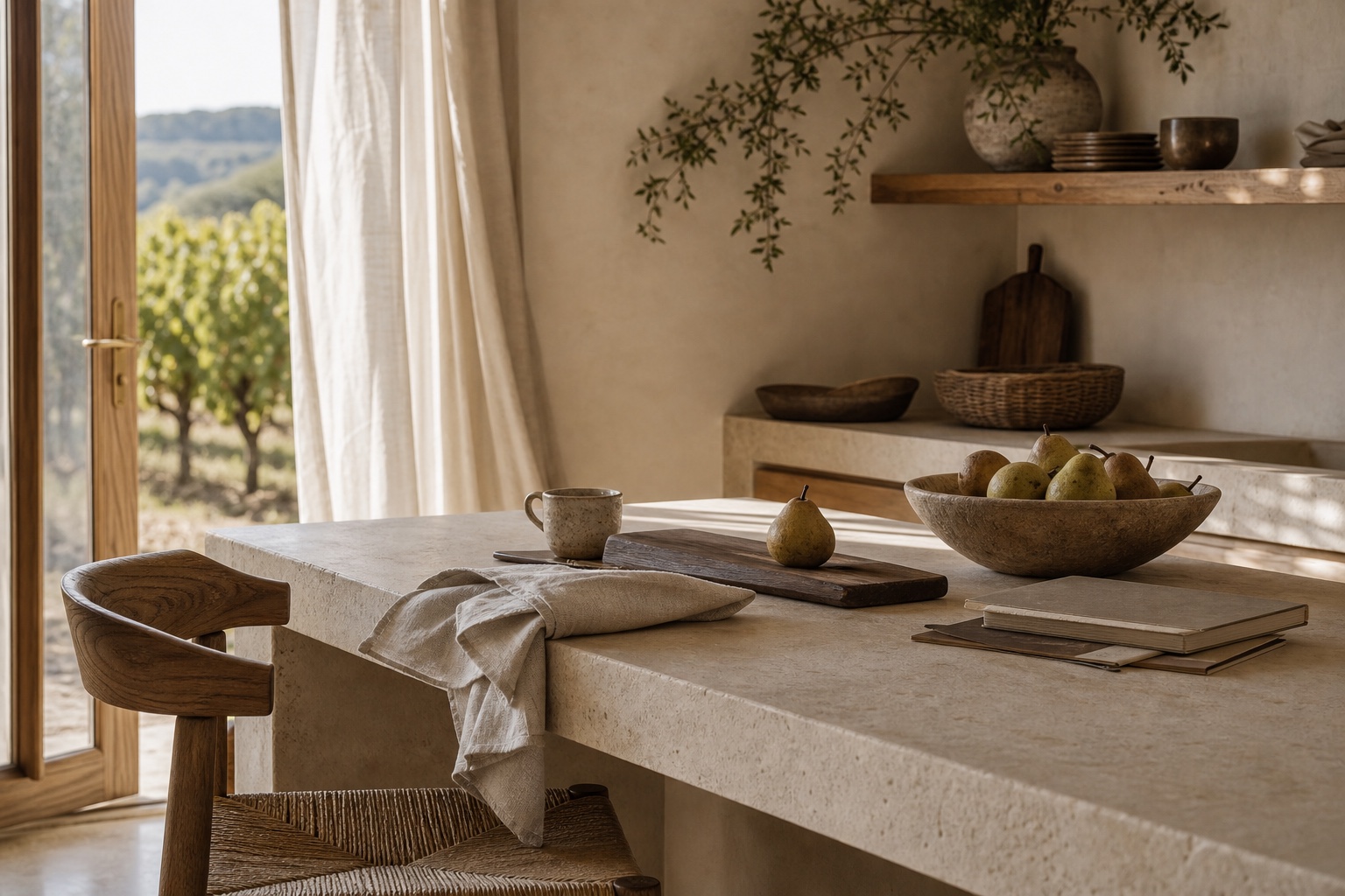 Limestone kitchen table with oak stool, pears, linen, books, and open French doors to vines