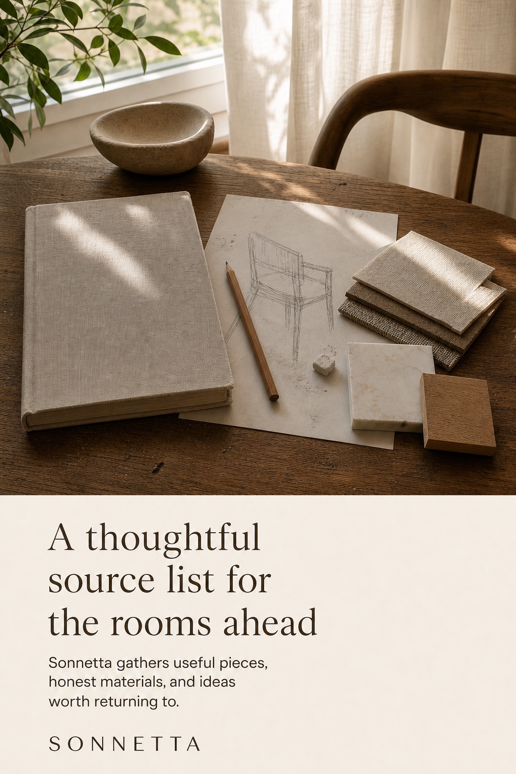 Original editorial worktable with a linen notebook, furniture sketch, and natural material samples
