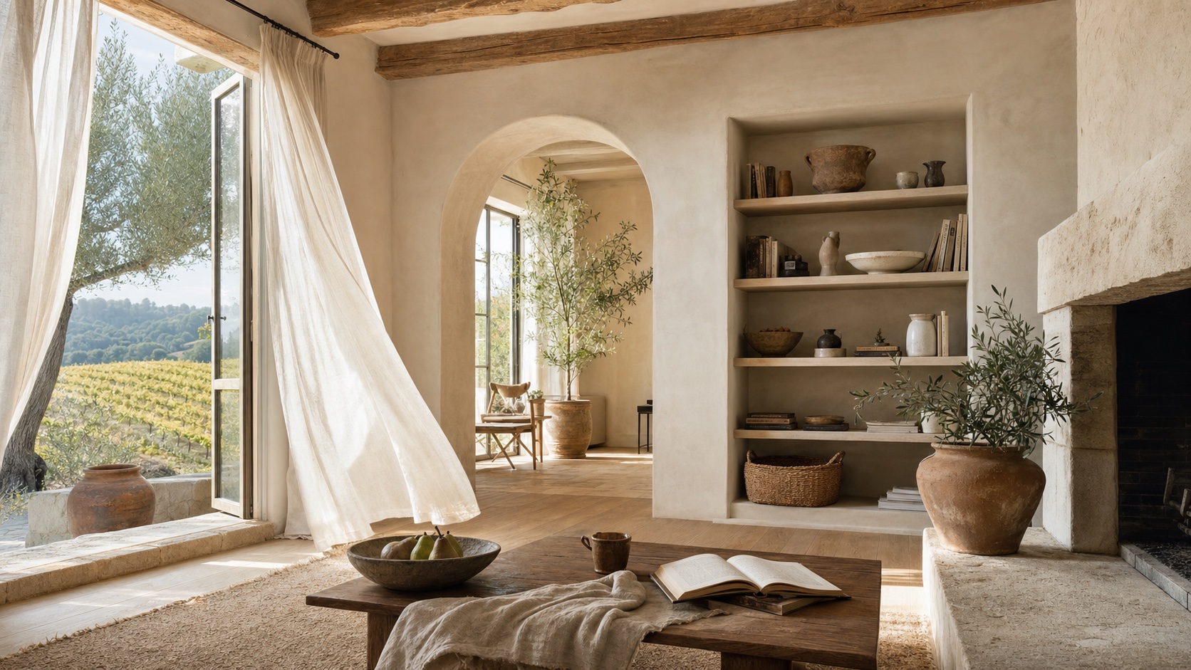 Sunlit plaster living room with open French doors, linen curtains, limestone hearth, coffee, fruit, and olive branches