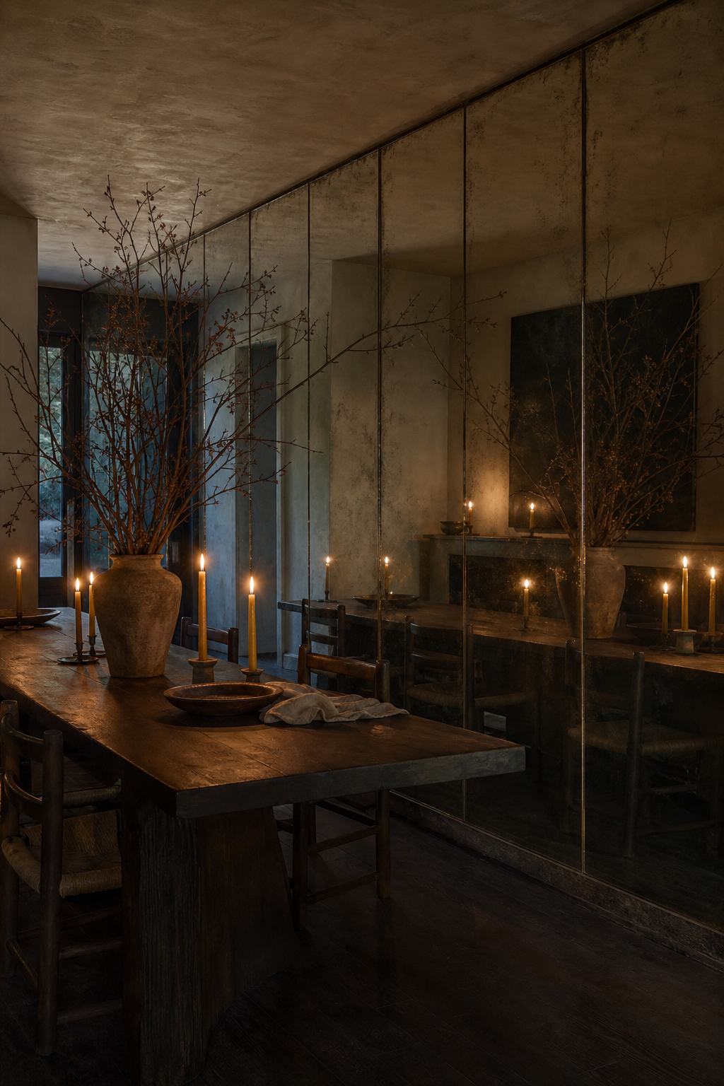 Conceptual AI-modified candlelit dining room with winter branches and a wall of softly antiqued mirror panels