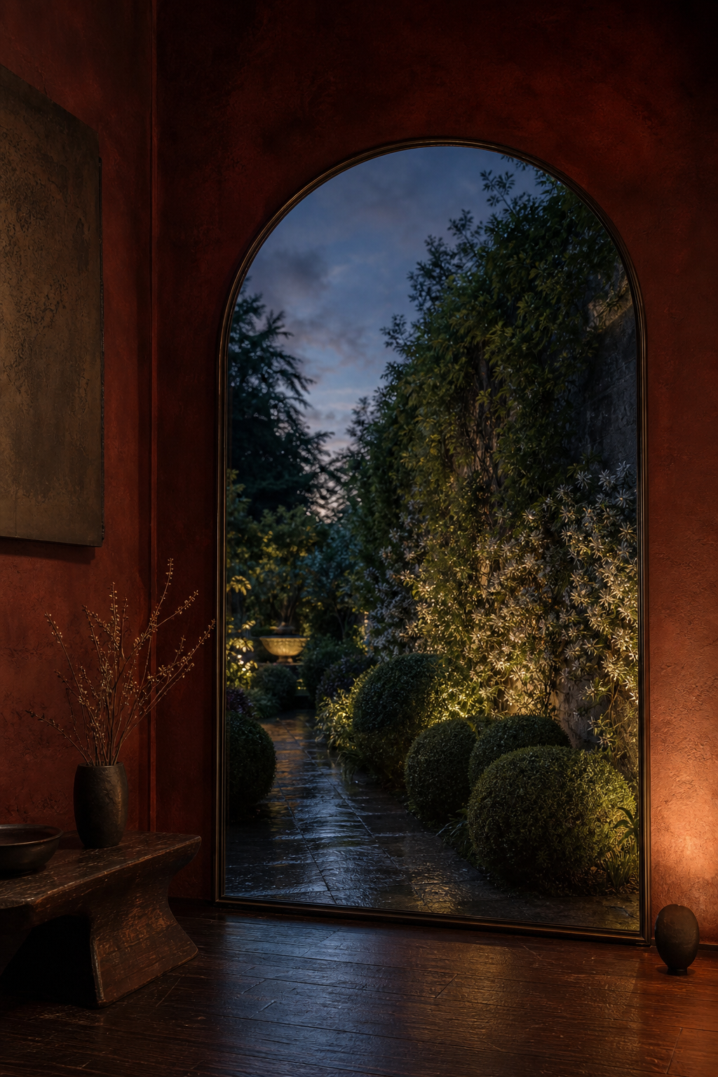 Conceptual AI-modified oxblood room with a towering arched mirror reflecting a wet garden path and resembling a secret doorway