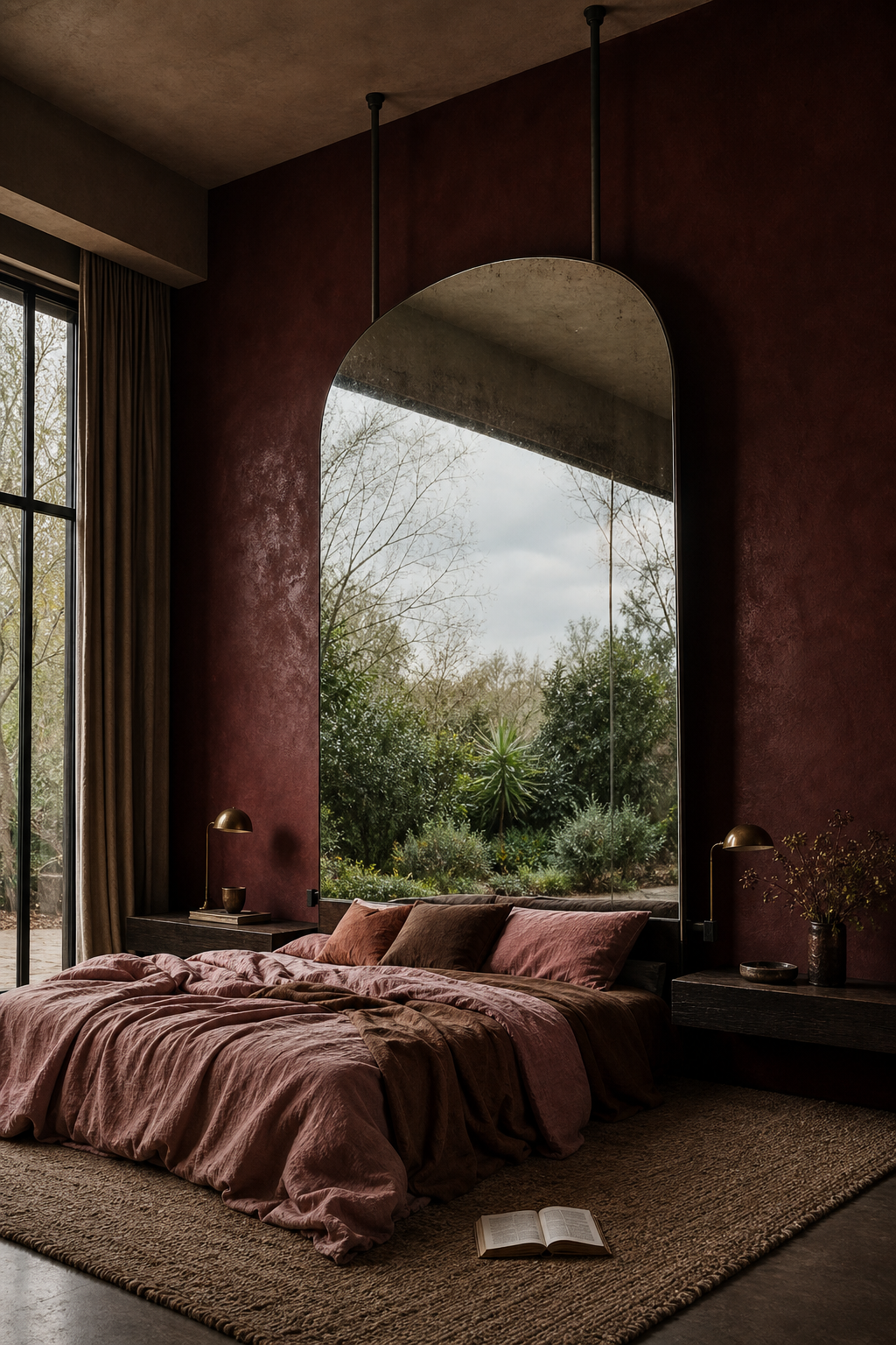 Conceptual AI-modified bedroom with rumpled rose linen and a monumental arched mirror suspended behind the bed, reflecting a rain garden