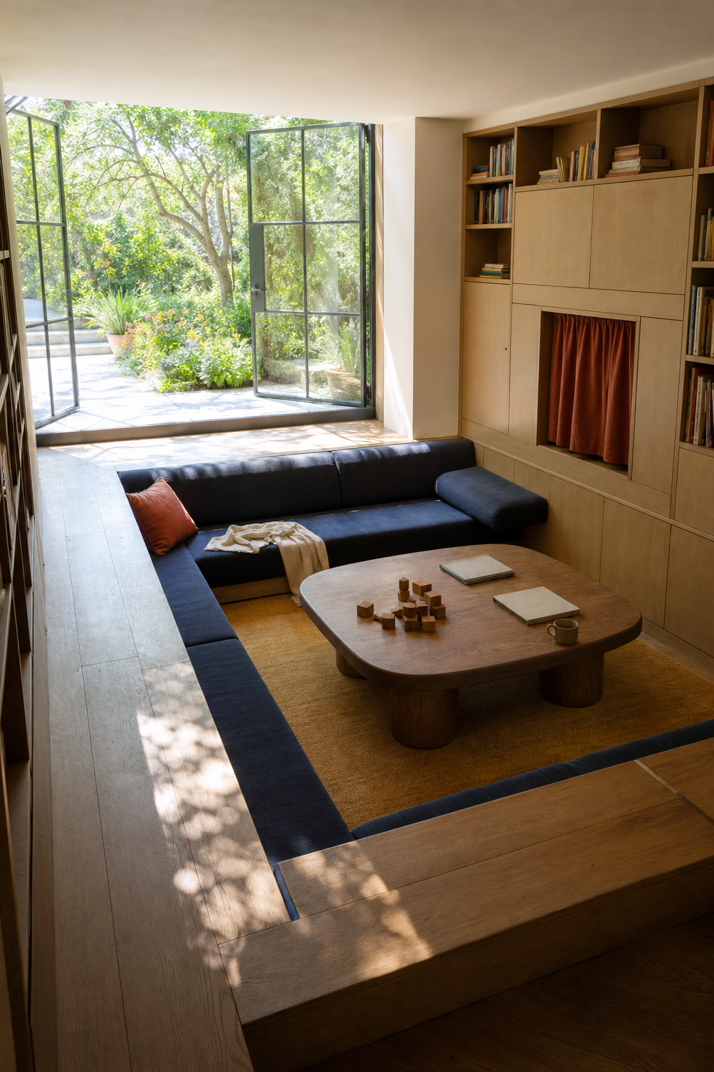 Conceptual AI-modified contemporary family library with navy built-in seating surrounding a low timber table in a lowered floor area