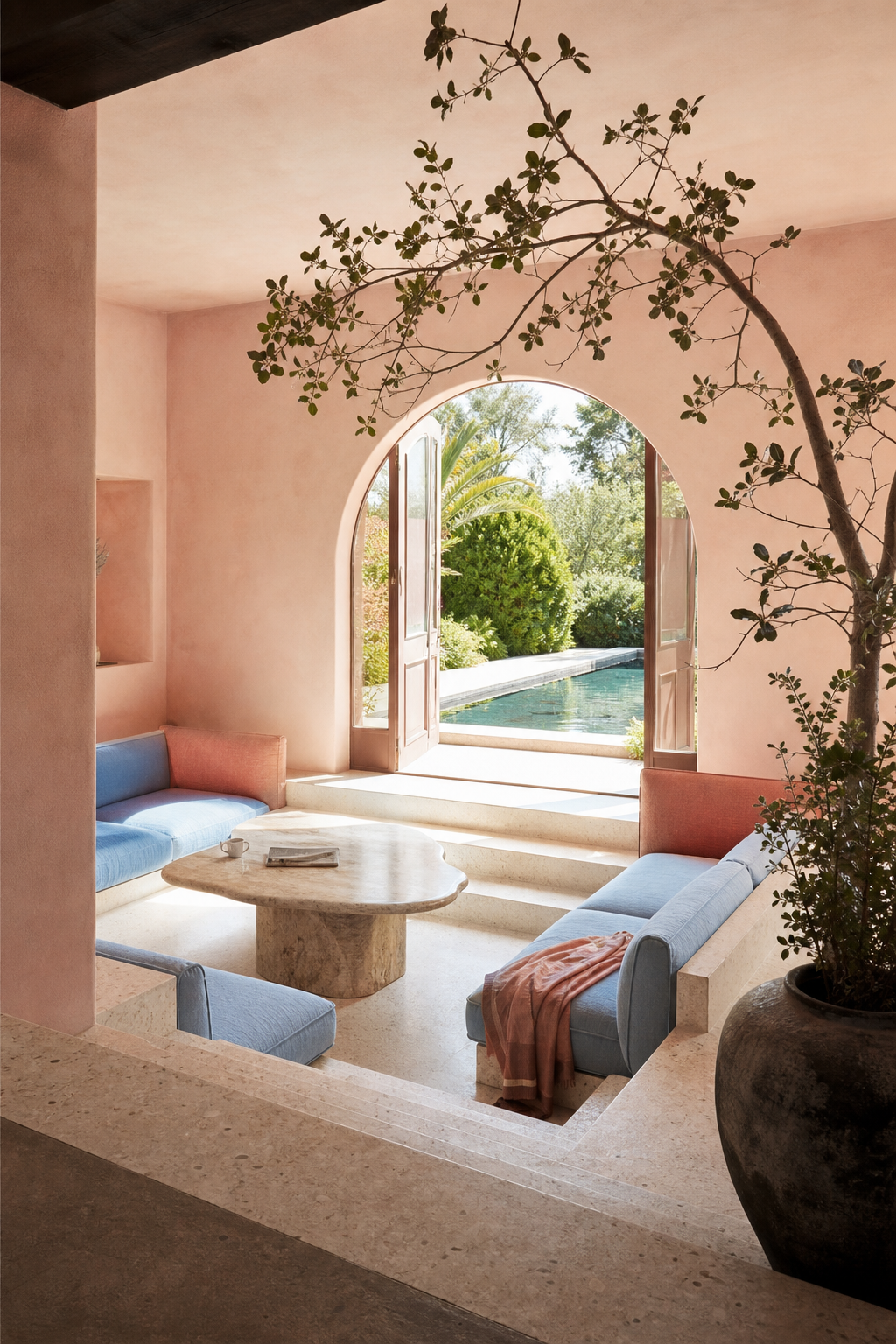 Conceptual AI-modified shell-pink living room with a curved sunken seating area and open doors to a garden