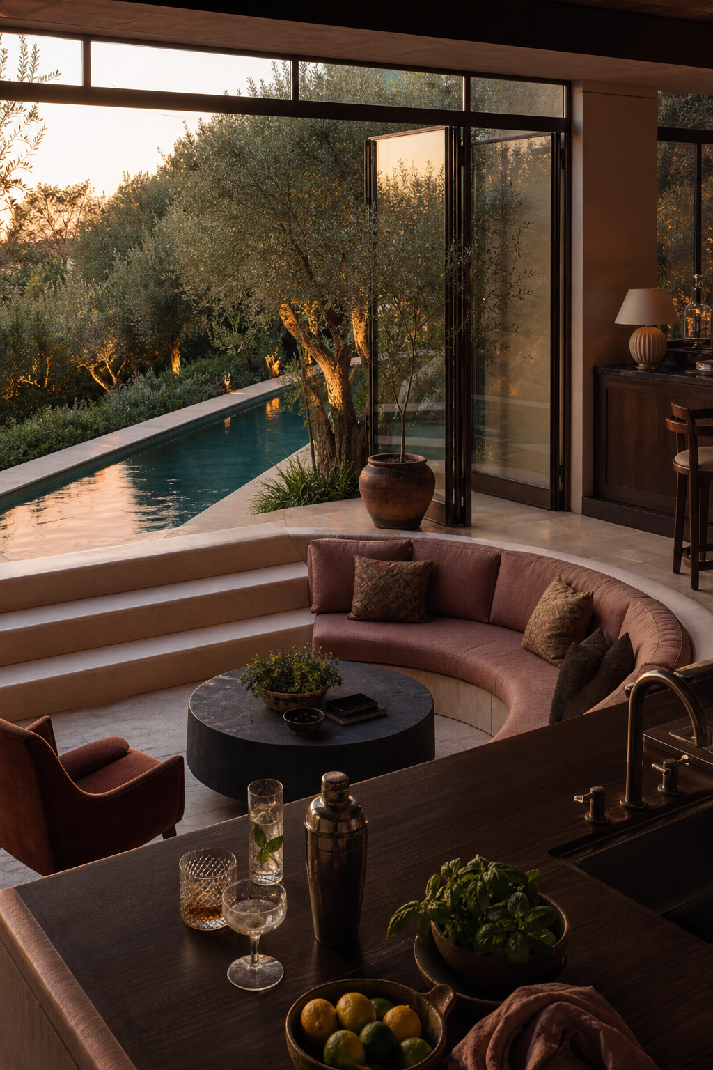 Conceptual AI-modified blush-toned sunken lounge beside glazed doors opening toward a pool