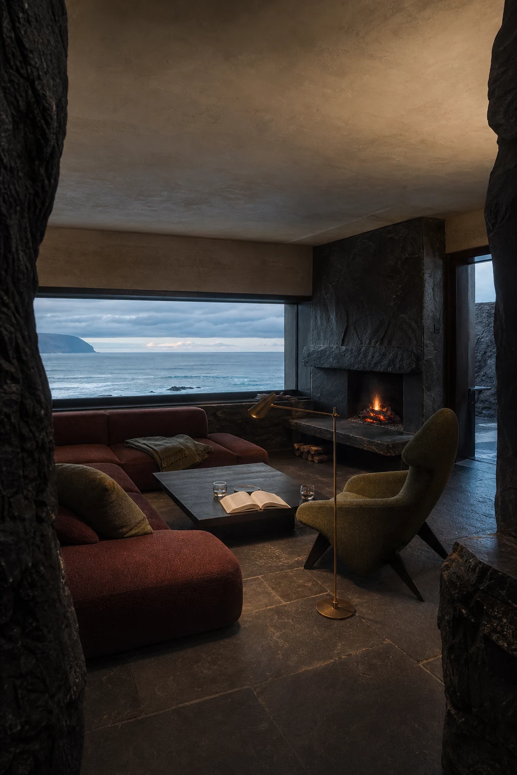 Conceptual AI-modified Sonnetta stone salon with oxblood seating, a moss chair, a deep horizontal sea view, and a fire at blue hour