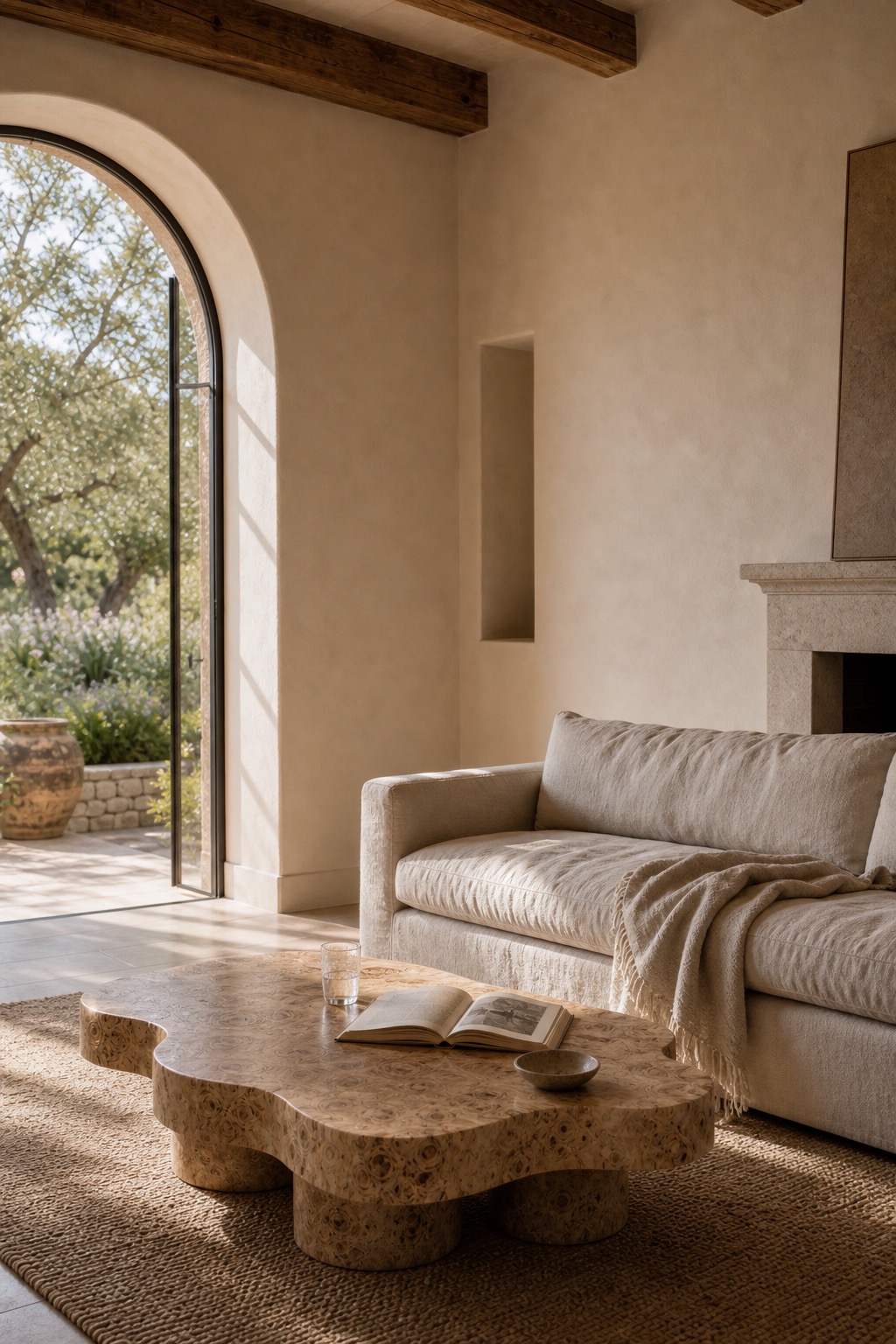 Bright plaster living room open to mature trees with linen upholstery, a sculptural table, and morning light