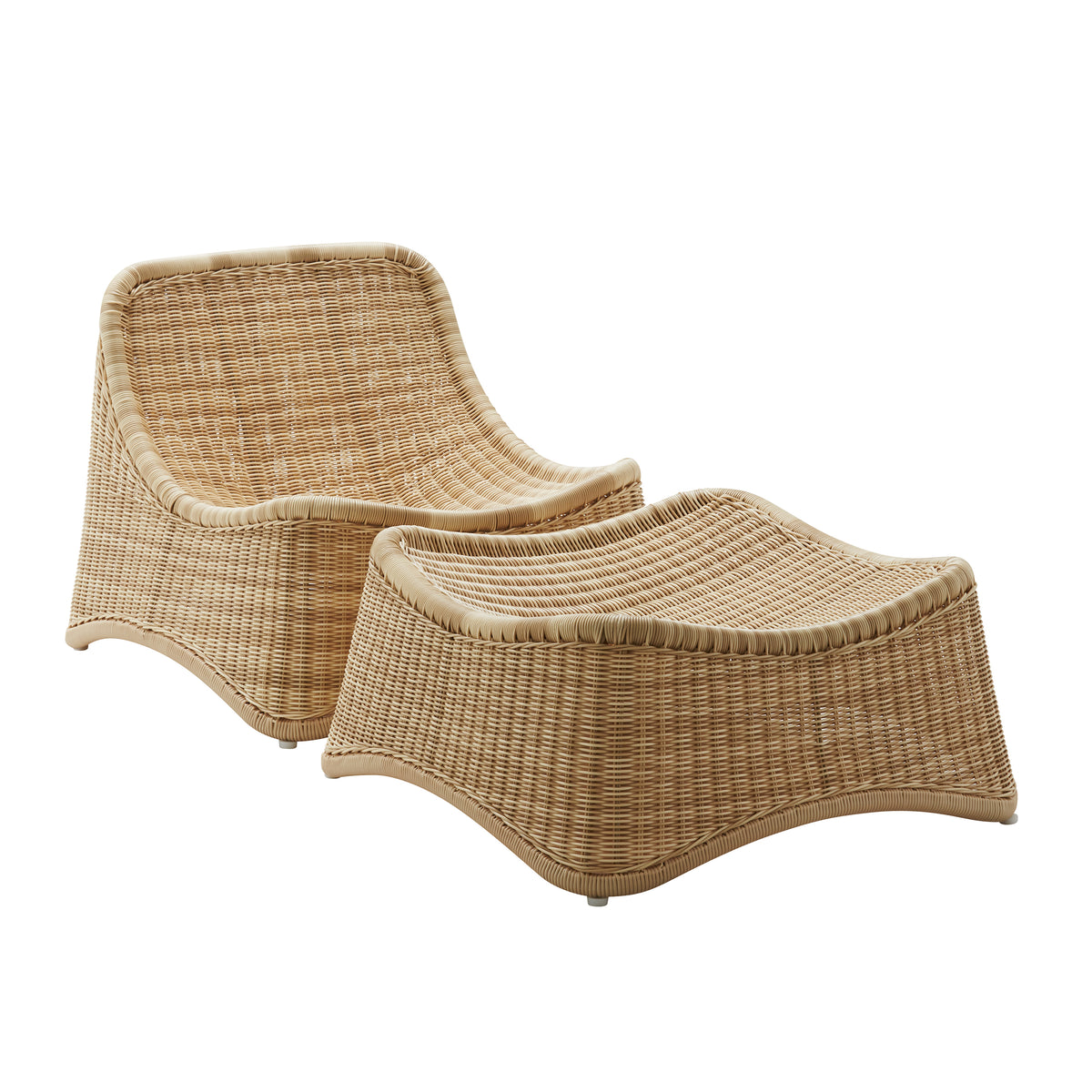 Chill Outdoor Lounge Chair with Footstool in natural Alu-Rattan with a sculptural reclining frame