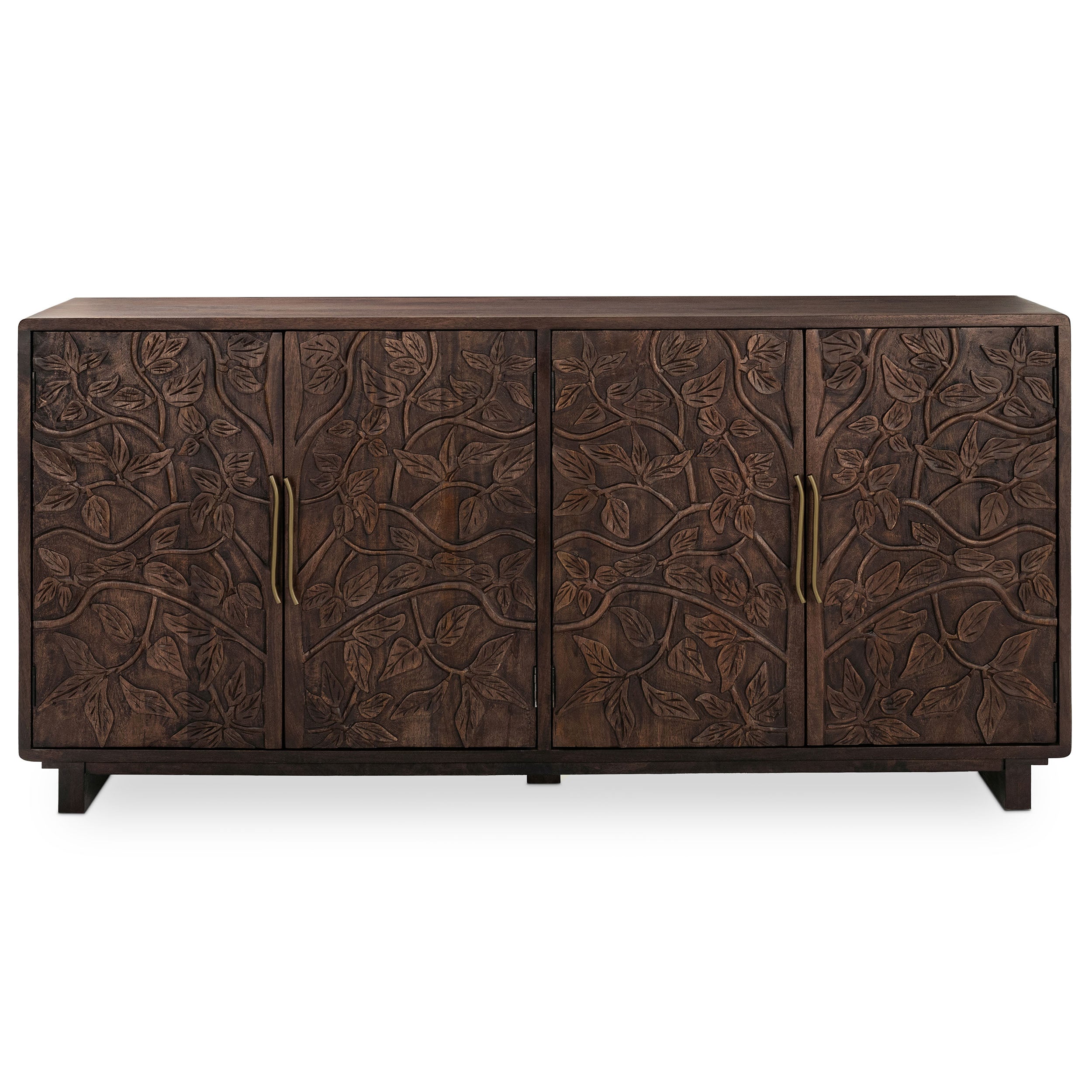 Classic Home Albero sideboard shown from an angle to show its long proportions and carved doors.