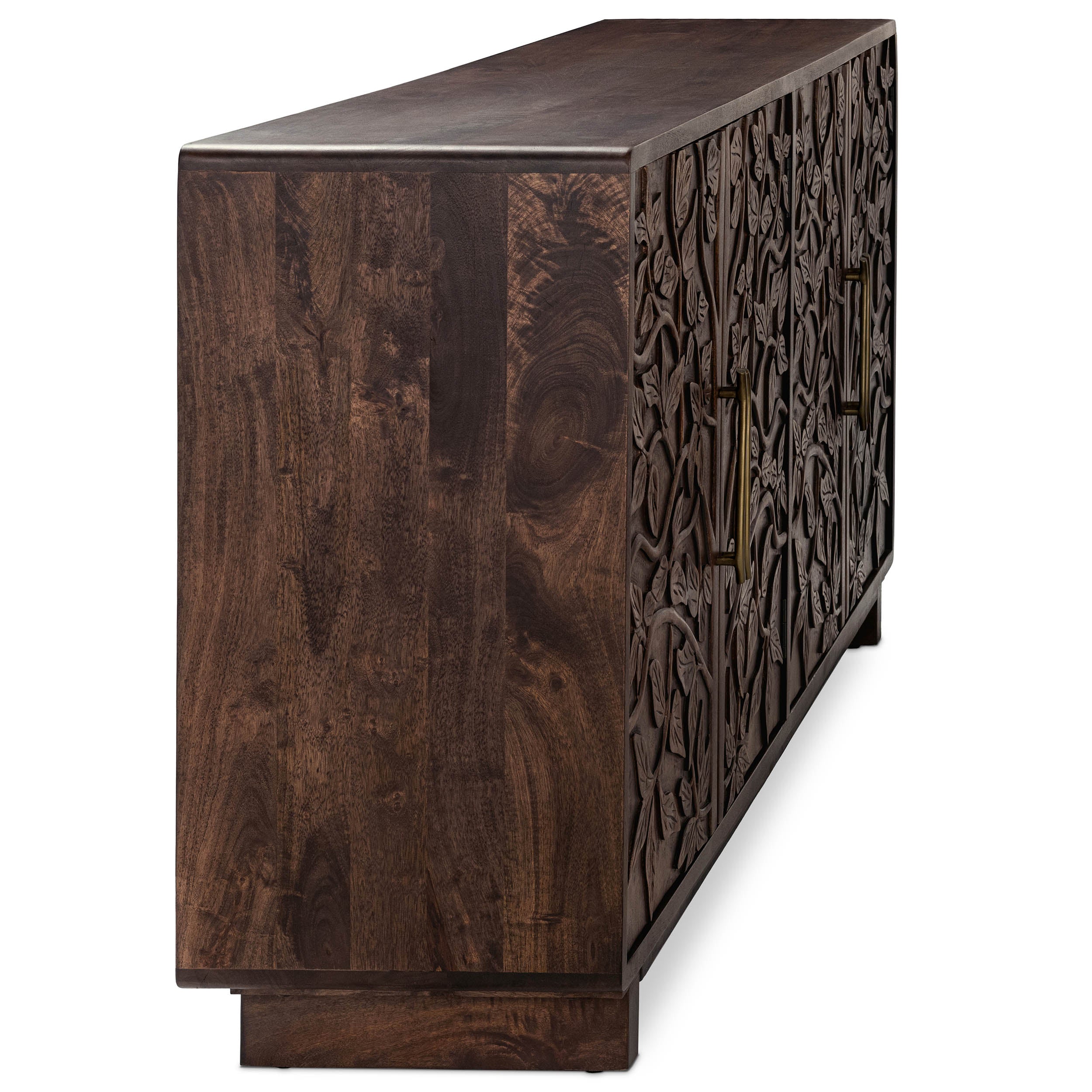 Close view of the Classic Home Albero sideboard showing the carved botanical relief and dark mango wood finish.