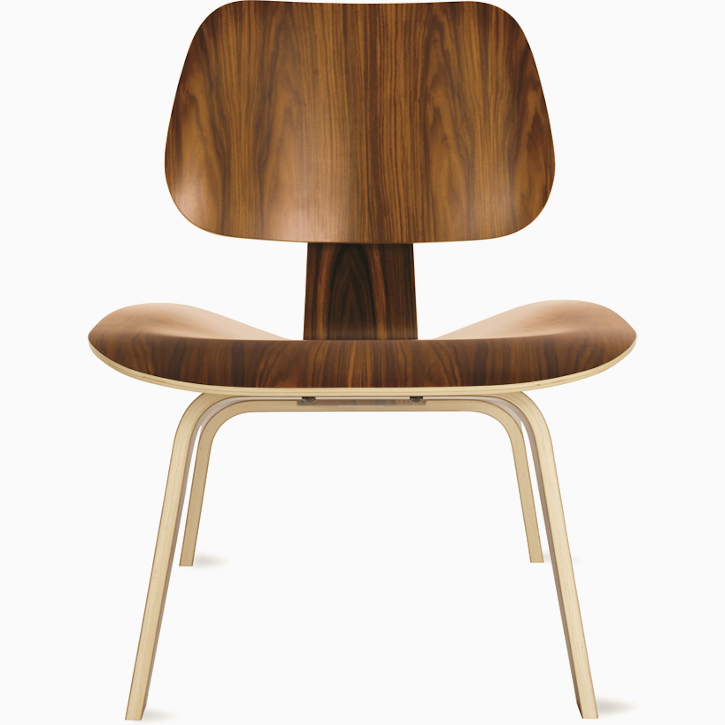 Eames molded plywood lounge chair with wood seat, back, and pale wood base.