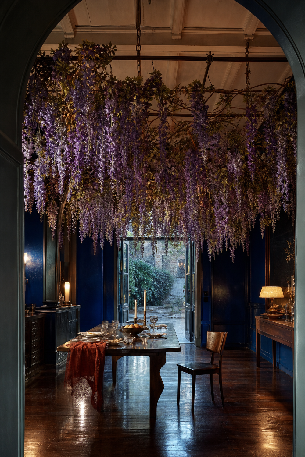 Conceptual AI-modified cobalt dining room with an artificial purple wisteria canopy suspended from a visible bronze ceiling grid