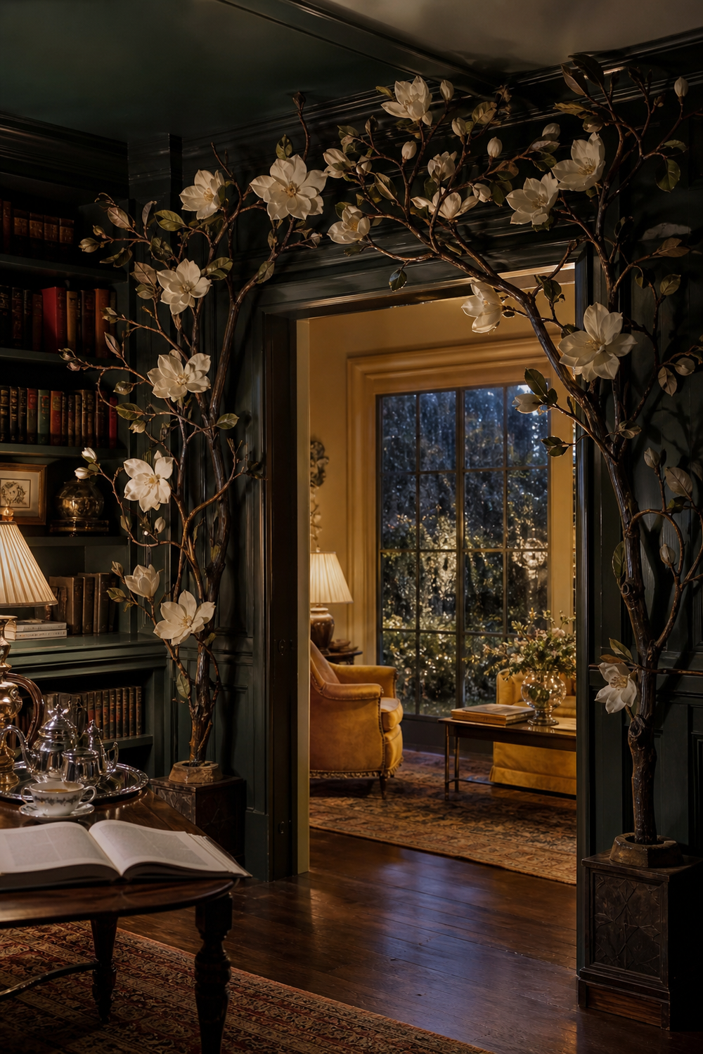 Conceptual AI-modified cream magnolia blossoms and dark leaves on bronze branches wrapping a doorway between a green library and saffron sitting room