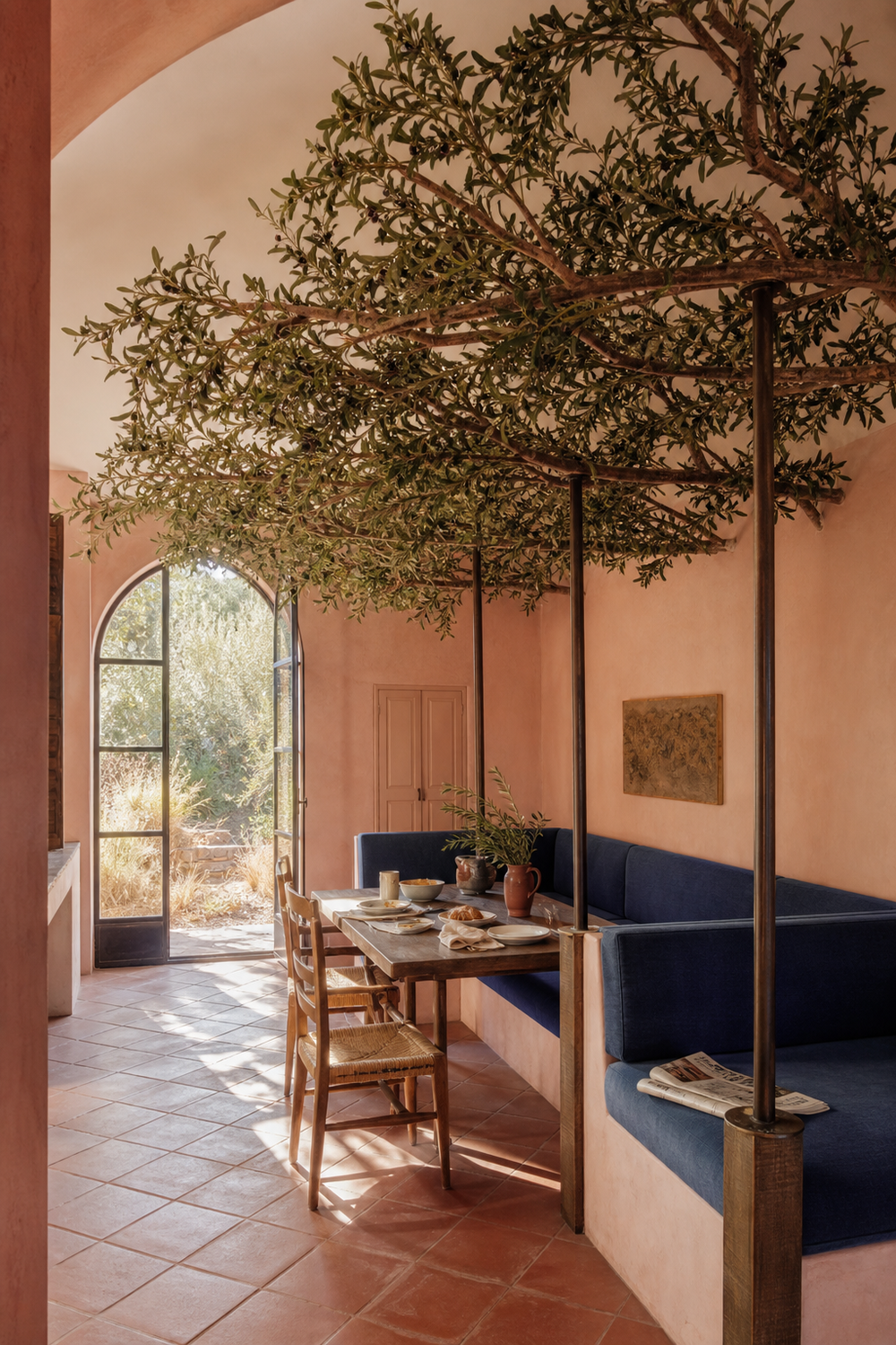 Conceptual AI-modified artificial olive canopy supported by four bronze posts over a breakfast banquette in a chalk-pink room